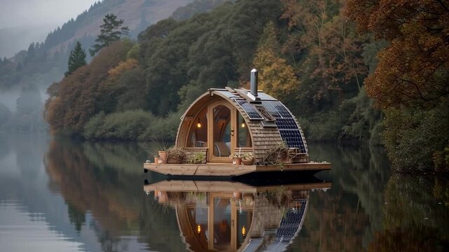 Floating eco pod on a calm lake, made from recycled materials, solar charging roof