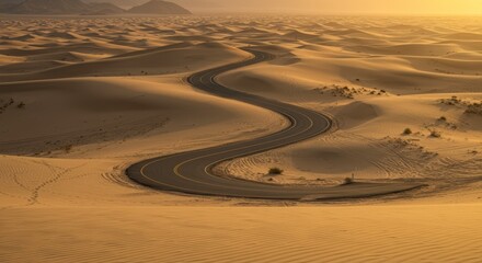 Winding road through sand dunes at sunset creating a scenic desert landscape travel concept
