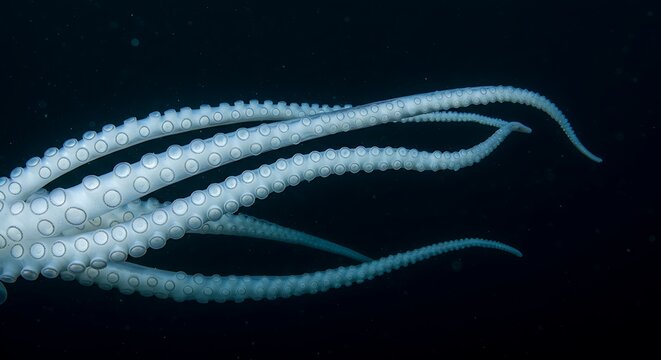Underwater view of octopus tentacles in dark ocean environment