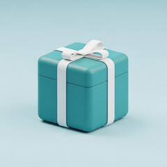 A teal gift box with a white ribbon and bow on a light blue background