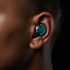 Fototapeta premium Wearing Wireless Earbud with Glowing Design in Ear