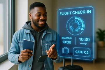 Travel check-in action at airport digital notification display modern environment perspective of happy traveler