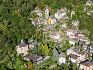 Drone view at the village of Auressio on Onsernone valley Switzerland
