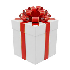 A white gift box with a red ribbon and bow, isolated on white background
