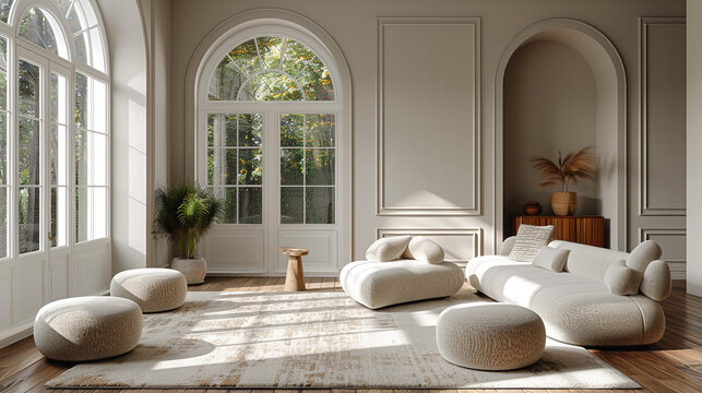 A luxurious modern living room interior featuring elegant white sofas, stylish armchairs, lush indoor plants, a wooden coffee table, and large arched windows inviting natural light for a serene, cozy, - Powered by Adobe