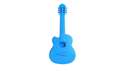 A stylized, sky-blue acoustic guitar with a hole in the center against black