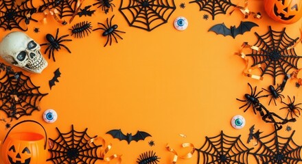 Spooky Halloween festive frame with spiders, bats, skull, webs, and pumpkin decor on vibrant orange background, copy space.