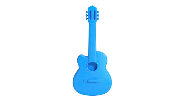 A stylized, sky-blue acoustic guitar with a hole in the center against black