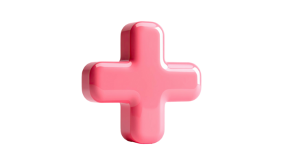 Glossy, pink plus symbol against a pure black background, 3D rendered