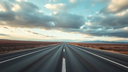 Fototapeta premium Panoramic view of an empty road under cloudy skies, capturing a serene and open landscape.