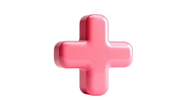 Glossy, pink plus symbol against a pure black background, 3D rendered