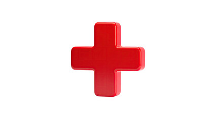 Fototapeta premium A glossy red, three-dimensional plus sign floats against a stark black background