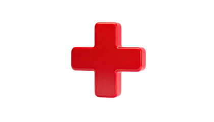 A glossy red, three-dimensional plus sign floats against a stark black background