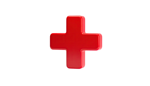 A glossy red, three-dimensional plus sign floats against a stark black background