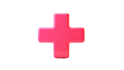 A glossy, pink plus sign glows against a black background, appearing 3D