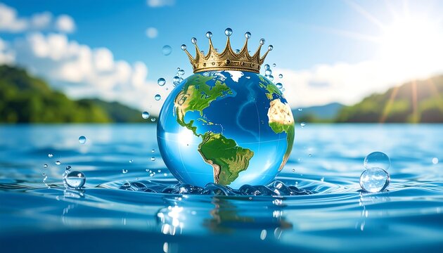 Earth globe with crown, floating in water, sunny landscape - Powered by Adobe