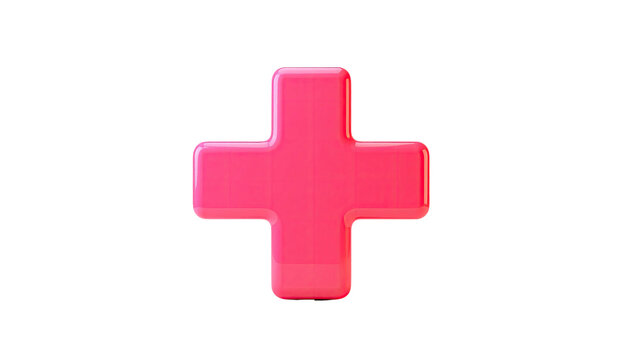A glossy, pink plus sign glows against a black background, appearing 3D