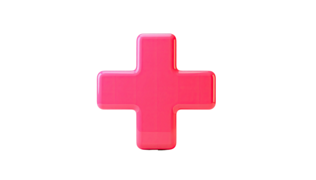 A glossy, pink plus sign glows against a black background, appearing 3D - Powered by Adobe