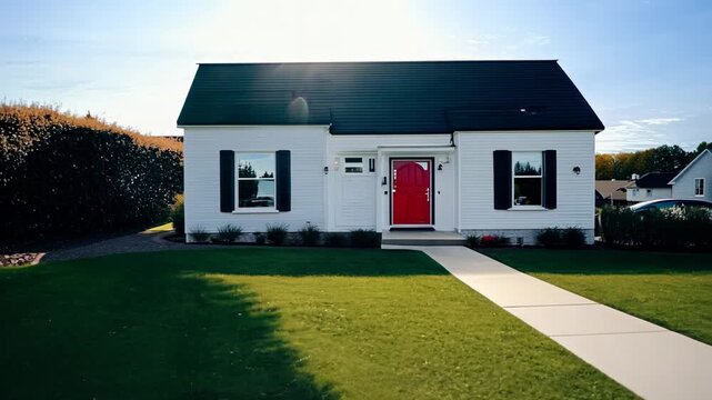 White farmhouse exterior with a manicured front yard and stone path. White house with a red entrance door and with a front yard lawn, pathway to entrance.