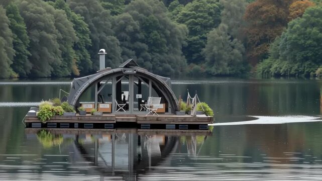 Floating eco pod on a calm lake, made from recycled materials, solar charging roof