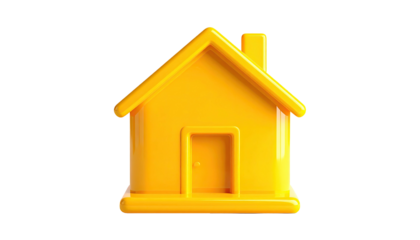 A bright yellow 3D rendered house model, isolated on a black background