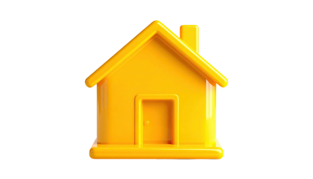 A bright yellow 3D rendered house model, isolated on a black background