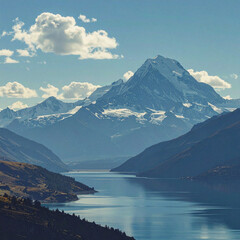 Mountain lake and blue sky. Background Image. Minimalist backdrop. Template design 