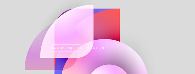 Obraz na płótnie Canvas Abstract shapes overlap, creating vibrant color gradients. Soft pinks, blues, reds blend on light gray backdrop. Modern design element.