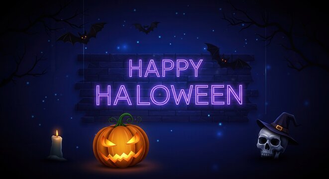 Eerie Happy Halloween neon sign with glowing jack-o'-lantern, skull in witch hat, lit candle, and bats on a dark spooky night.