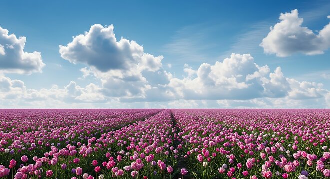 Vibrant pink tulip field under a blue sky with fluffy white clouds
