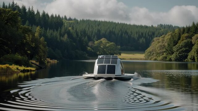 Floating eco pod on a calm lake, made from recycled materials, solar charging roof