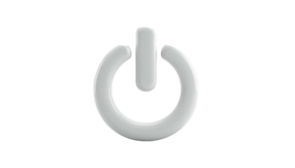 Glossy, white, power icon, composed of a circle and vertical line, isolated on black