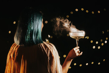 Beautiful Woman With Blue Dyed Hair And In Holiday Outfit Celebrating Wedding 