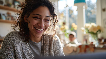 A young Black woman coding on a laptop with a bright smile while sitting at an outdoor cafe