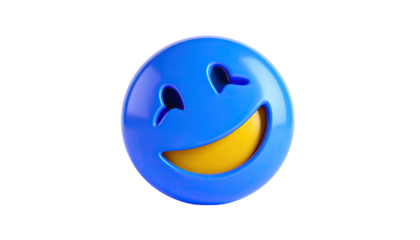 A vibrant, 3D-rendered, smiling emoji with blue exterior and yellow mouth