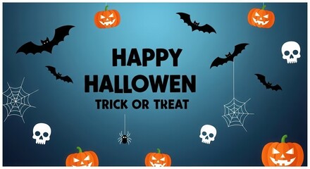 Happy Halloween Trick or Treat spooky banner background with flying bats, grinning pumpkins, scary skulls, and spider webs illustration.