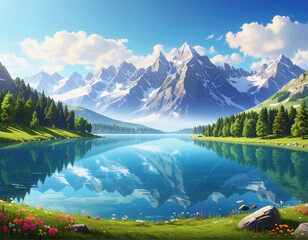 Mountain lake and blue sky. Background Image. Minimalist backdrop. Template design 