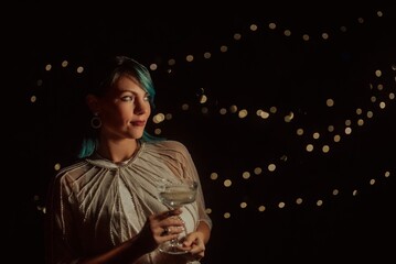 Beautiful Woman With Blue Dyed Hair And In Holiday Outfit Celebrating Wedding 