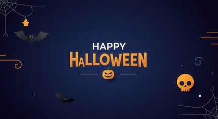Happy Halloween festive greeting card background with carved pumpkins, spooky bats, spiderwebs, and skull on dark blue night sky.