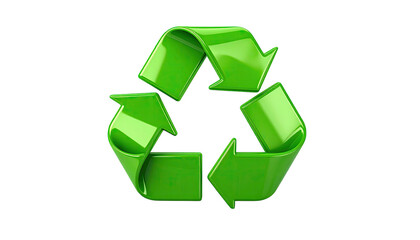 A glossy green triangular symbol of arrows rotating, set against a stark black backdrop