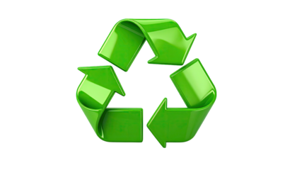 A glossy green triangular symbol of arrows rotating, set against a stark black backdrop