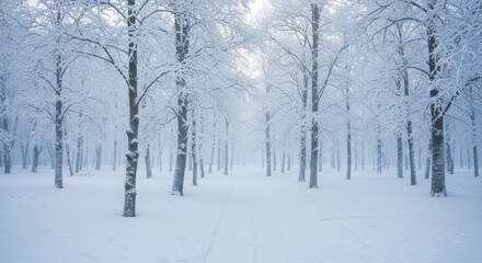 Fototapeta premium Winter wonderland scene trees covered in snow with atmospheric perspective and soft lighting