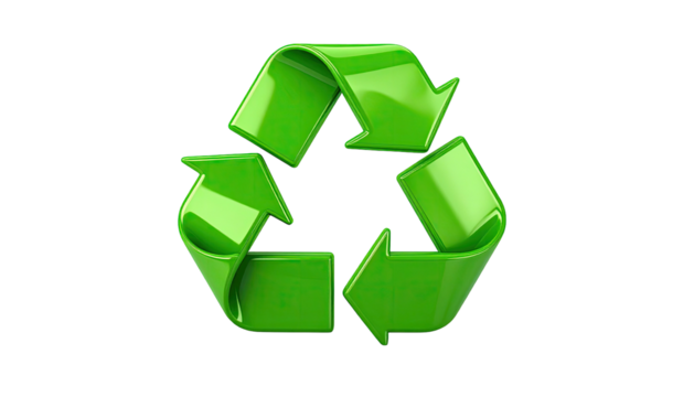 A glossy green triangular symbol of arrows rotating, set against a stark black backdrop