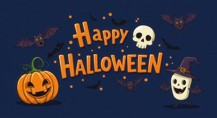 Happy Halloween cartoon banner with smiling jack-o'-lantern, skull, bats, and ghost in witch hat on dark background. Autumn holiday celebration.