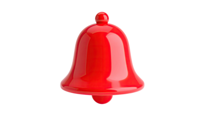 A vibrant red bell, rendered in 3D, floats against a pure black background