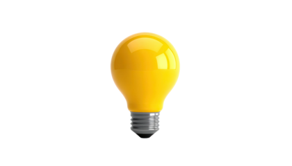 A bright, yellow lightbulb with a metallic base isolated on a black background