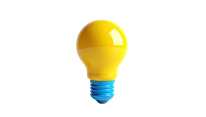 A vibrant, yellow lightbulb with blue base, against a stark, black background