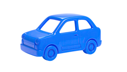 A bright blue, cartoon-like toy vehicle with rounded features on a black background