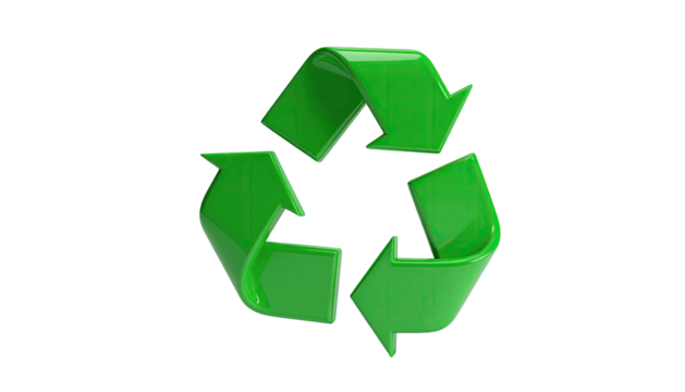 A glossy green symbol of three looping arrows, isolated against a black backdrop