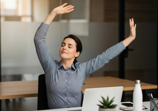 Woman stretching arms at work with eyes closed